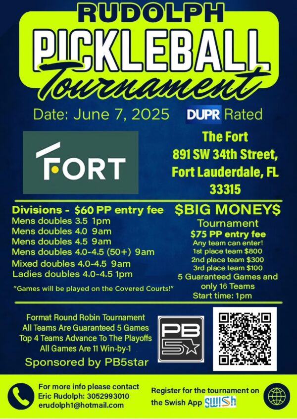 Rudolph Pickleball Tournaments at THE FORT! – Sponsored by PB5star!