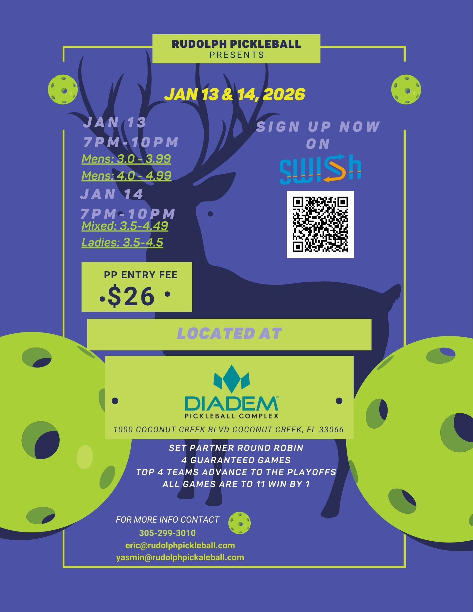 Rudolph Pickleball POP Up Tournament Jan 13 & 14– DUPR Rated at Diadem Pickleball Complex